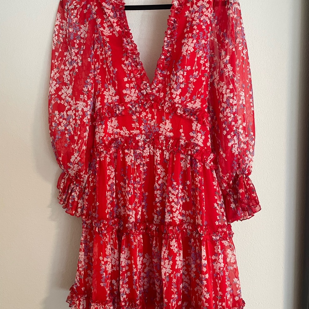 Red and White Ruffled Tiered Sundress with Plunge Neckline
